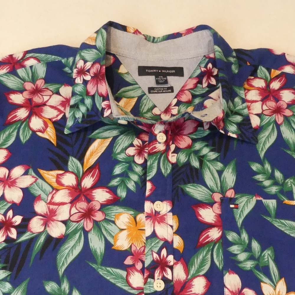 Tommy Hilfiger Shirt Mens 2XL Floral‎ Hawaiian Linen Cotton Custom Fit